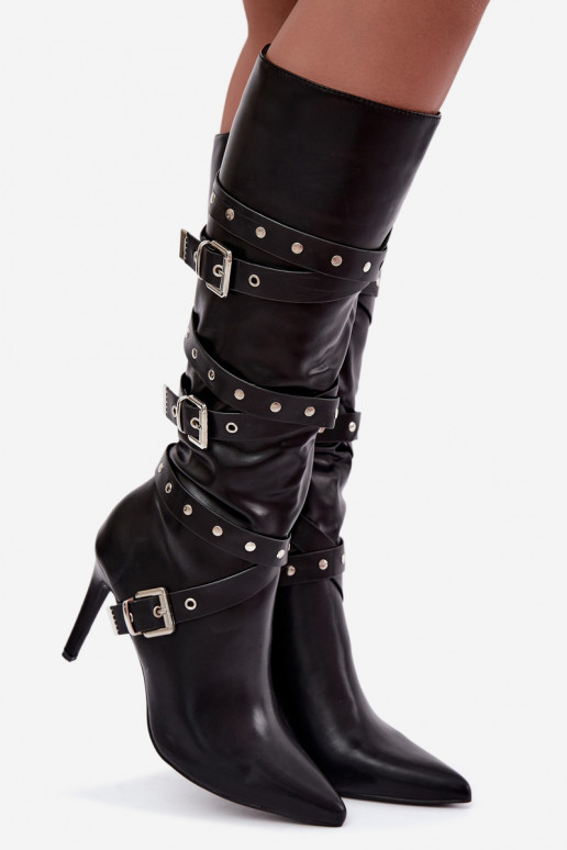 Damen kniehohe Stiefel mit schmalen Absätzen und Schnallen in schwarzer Farbe Invera