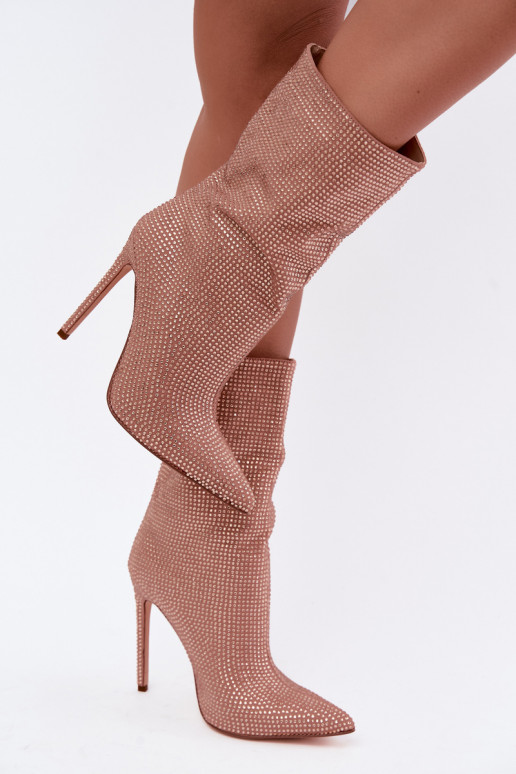 Bottines pour femmes décorées avec des talons fins en couleur champagne Galessa