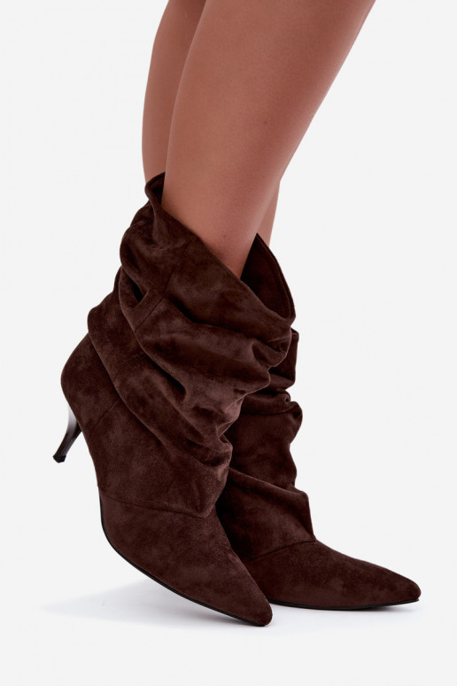 Instap dames slouchy enkellaarsjes met dunne hakken in chocolade kleur Harissa
