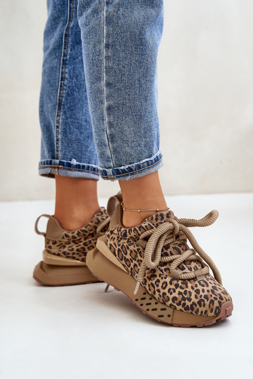 Suède dames sneakers met platform en luipaardprint Artiker 55C0135 bruin