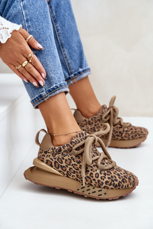Suède dames sneakers met platform en luipaardprint Artiker 55C0135 bruin