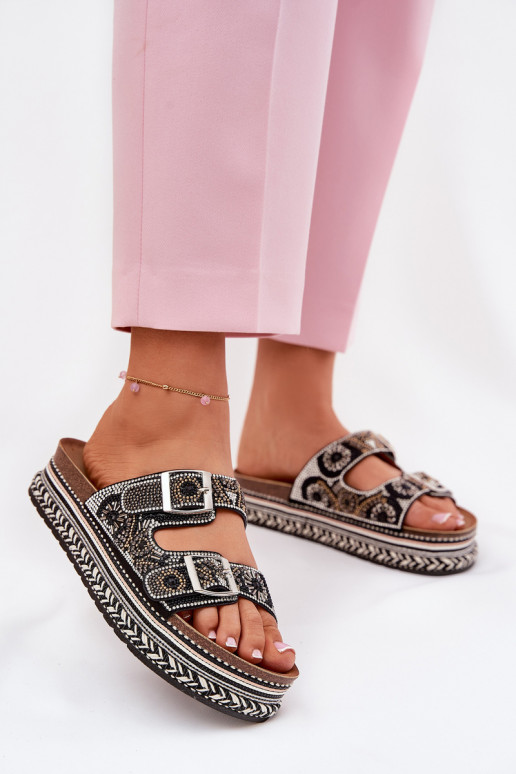 Slippers met decoratie en gesp op platform Mellene zwart