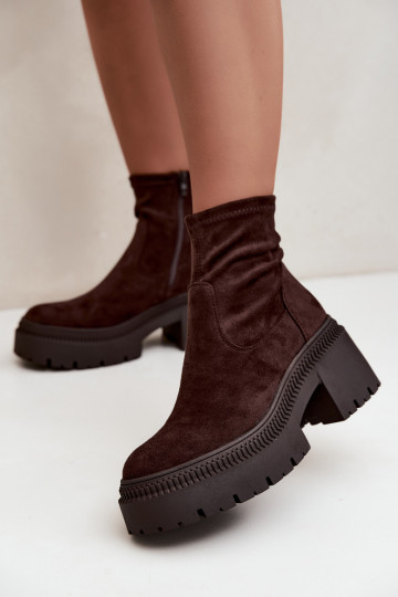 dames enkellaarsjes met chunky hak en platform van faux suede karamelkleurig Elvianne 2