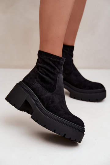 dames enkellaarsjes met chunky hak en platform van faux suede zwart Elvianne 2