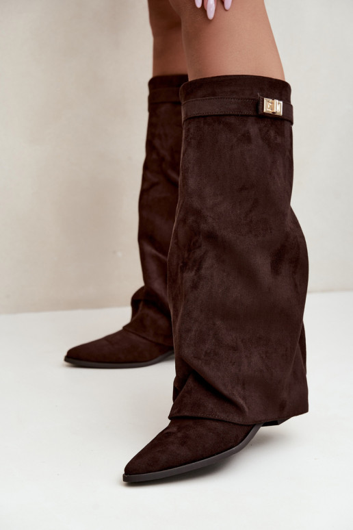 dames hoge laarzen met veterschaft op lage hak van faux suede karamelkleurig Gisellea