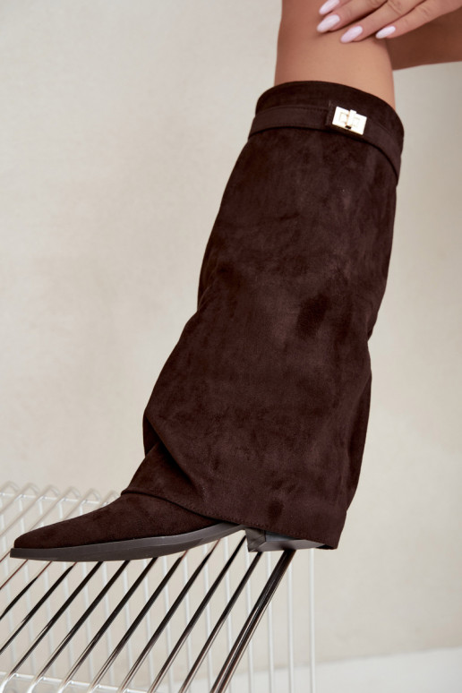Damen kniehohe Stiefel mit Schnürschaft auf niedrigem Absatz aus Kunstveloursleder karamellfarben Gisellea