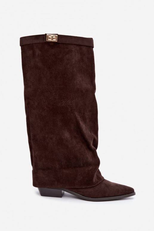 bottes hautes pour femmes avec tige à lacets sur petit talon en daim synthétique caramel Gisellea