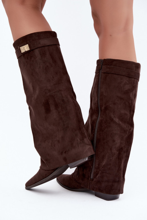 Damen kniehohe Stiefel mit Schnürschaft auf niedrigem Absatz aus Kunstveloursleder karamellfarben Gisellea