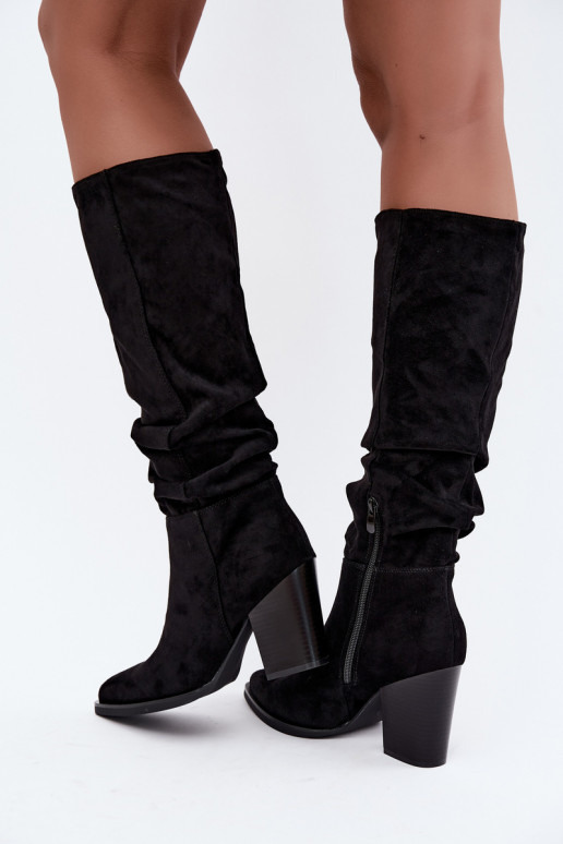 damen kniehohe Stiefel mit Absatz und gebogenem Schaft in schwarz Ismera