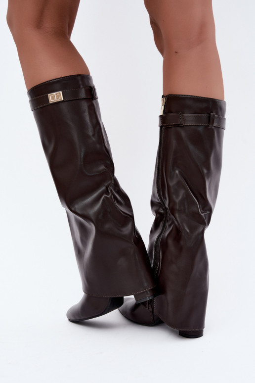 damen kniehohe Stiefel aus schokoladenbraunem Kunstleder mit Absatz Avamora