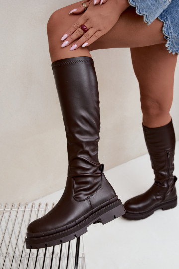 dames lange laarzen met platform in faux leather CzekoladoĮe