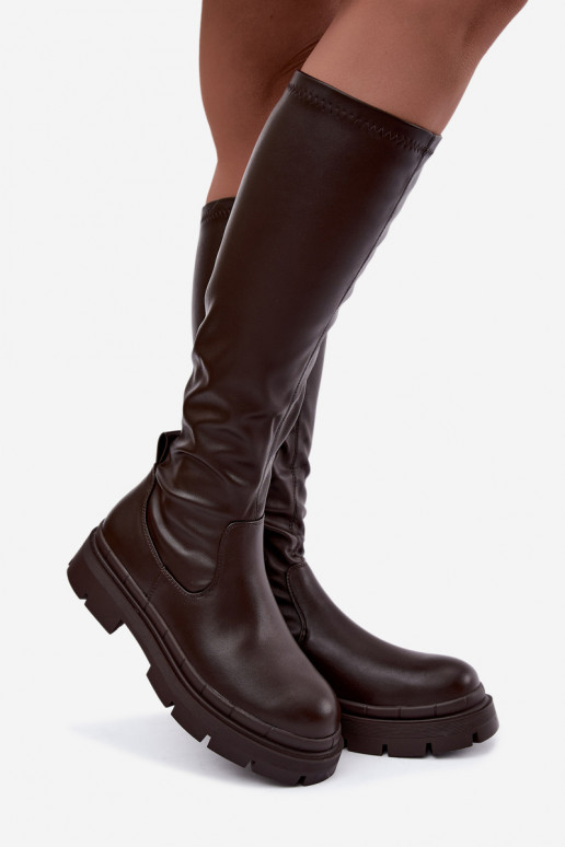 bottes hautes pour femmes avec plateforme en cuir synthétique CzekoladoĮe