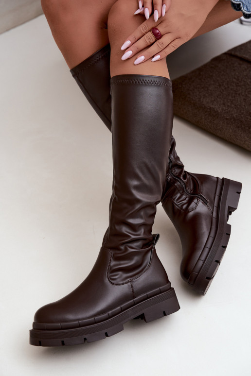 dames lange laarzen met platform in faux leather CzekoladoĮe