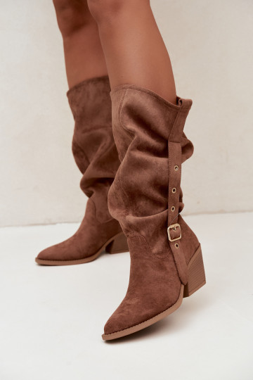 gekruiste dames lange laarzen in cowboystijl met riemen en hakken in bruin Adria 2