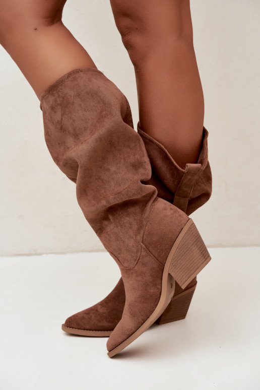 gekruiste dames lange laarzen in cowboystijl met riemen en hakken in bruin Adria