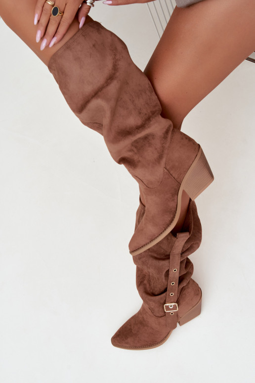 gekruiste dames lange laarzen in cowboystijl met riemen en hakken in bruin Adria