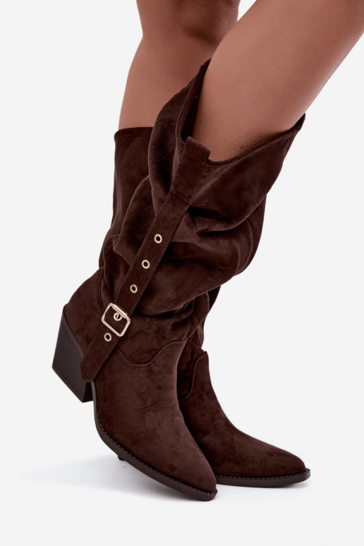gekruiste dames lange laarzen in cowboystijl met riemen en hakken in CzekoladoĮe Adria