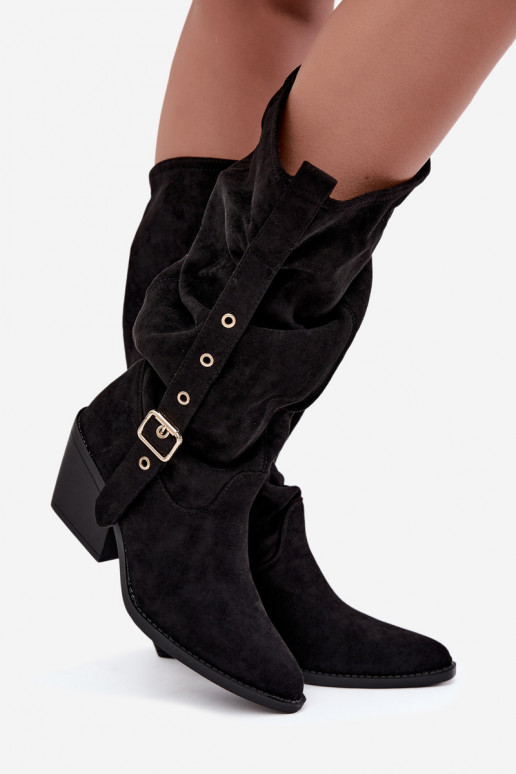 gekruiste dames lange laarzen in cowboystijl met riemen en hakken in zwart Adria