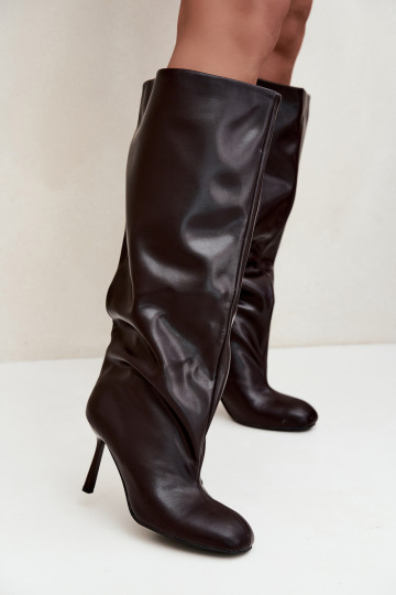 Bottes hautes pour femmes à enfiler avec talons fins en chocolat Caliya