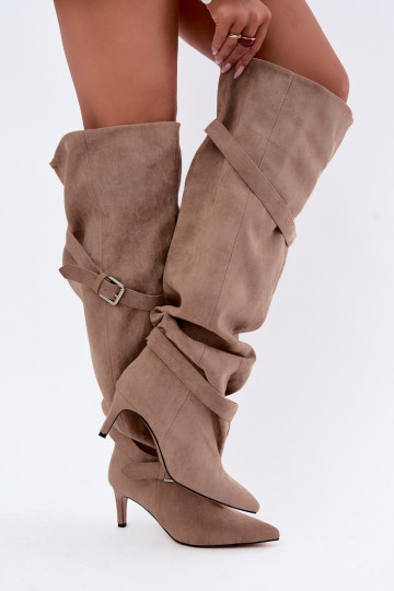 Bottes à talons au-dessus du genou avec sangles et boucles en couleur sable Tai turibel 2