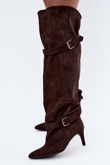Over-the-knee hakken laarzen met riemen en gespen in chocoladekleur Tai turibel 2