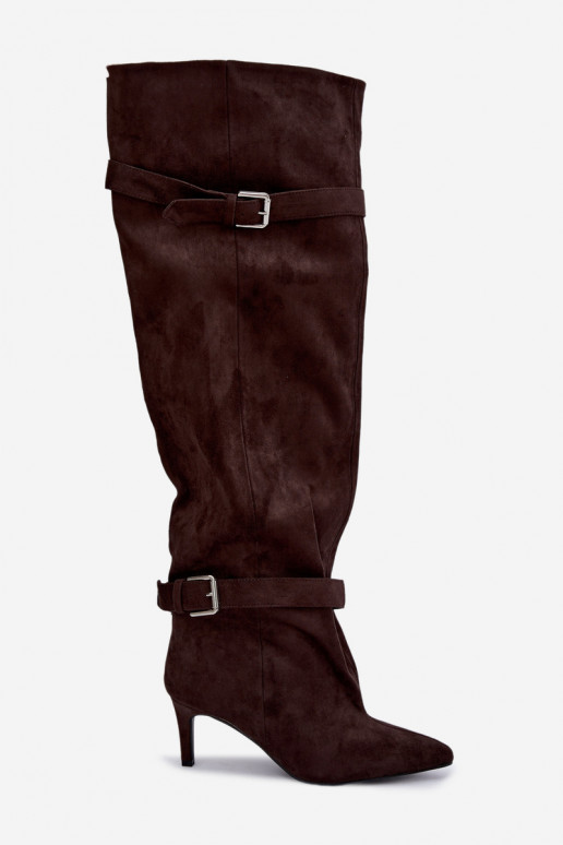 Über-Knie-Absatzstiefel mit Riemen und Schnallen in Schokoladenfarbe Tai turibel