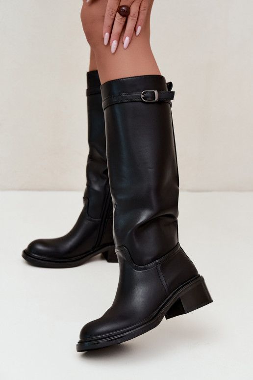 bottes hautes à petit talon pour femmes avec boucles en noir Orlisa