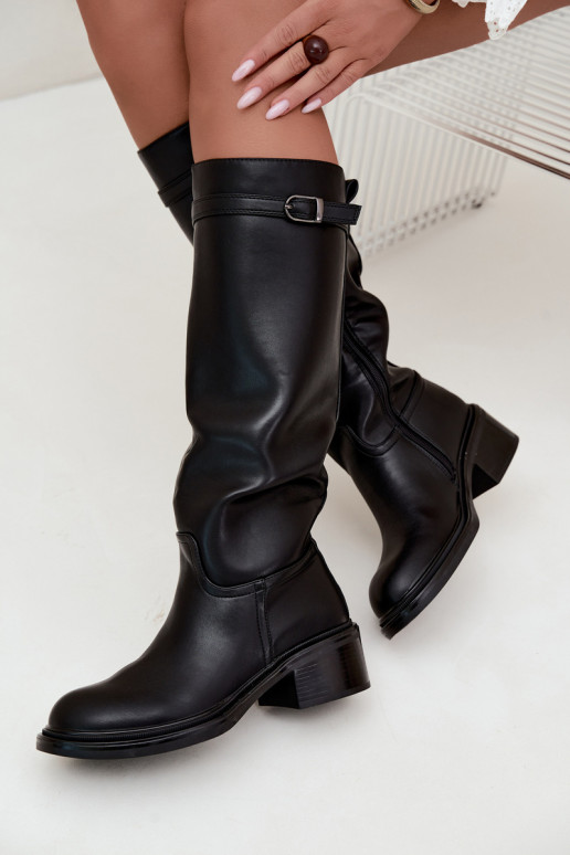 bottes hautes à petit talon pour femmes avec boucles en noir Orlisa