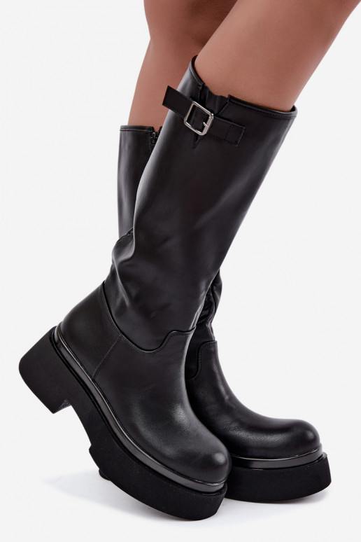 bottes hautes pour femmes avec plateforme et boucles en noir Fenley