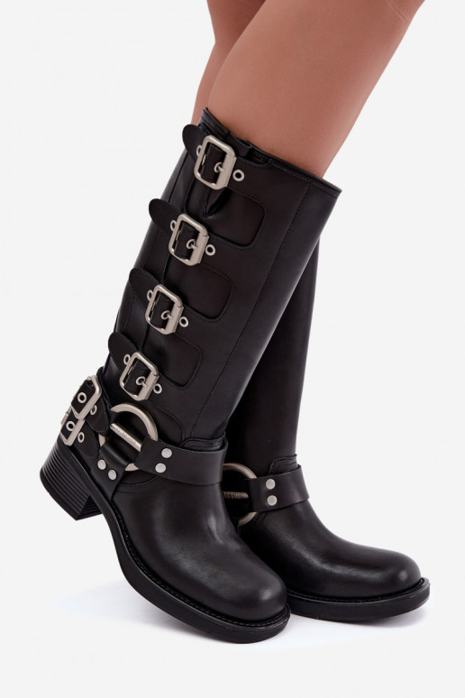 Bottes longues en cuir noires à petit talon avec boucles Big Star