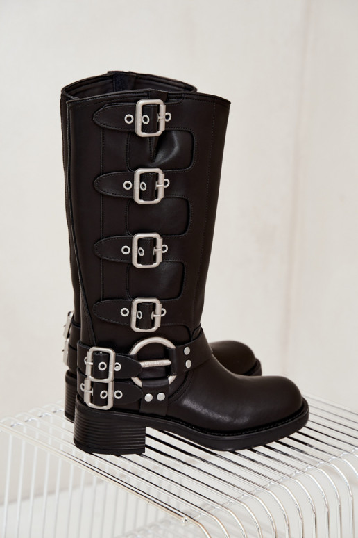 Bottes longues en cuir noires à petit talon avec boucles Big Star
