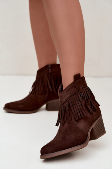 Elisya chocoladebruine cowboy-stijl enkellaarsjes met franjes 2
