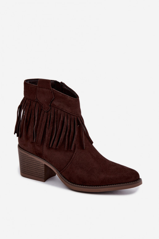 Elisya chocoladebruine cowboy-stijl enkellaarsjes met franjes