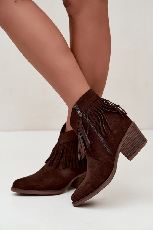 Elisya chocoladebruine cowboy-stijl enkellaarsjes met franjes
