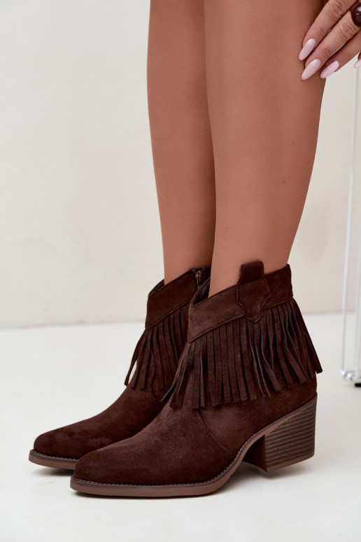 Elisya chocoladebruine cowboy-stijl enkellaarsjes met franjes