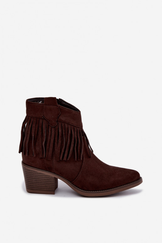 Elisya chocoladebruine cowboy-stijl enkellaarsjes met franjes