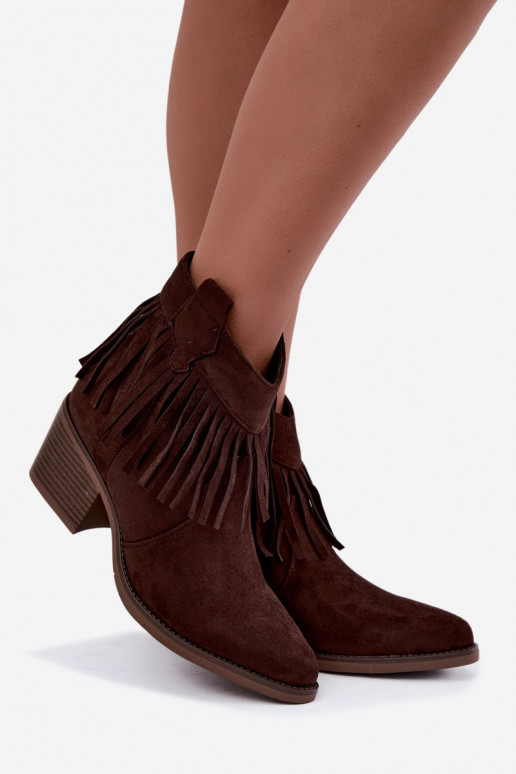 Elisya chocoladebruine cowboy-stijl enkellaarsjes met franjes