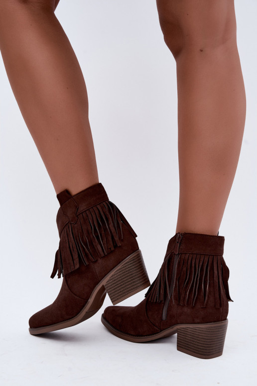 Elisya chocoladebruine cowboy-stijl enkellaarsjes met franjes
