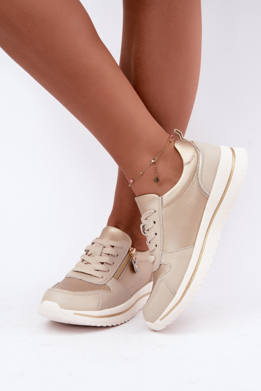 Baskets en cuir avec fermeture éclair décorative couleur or-beige Oselia