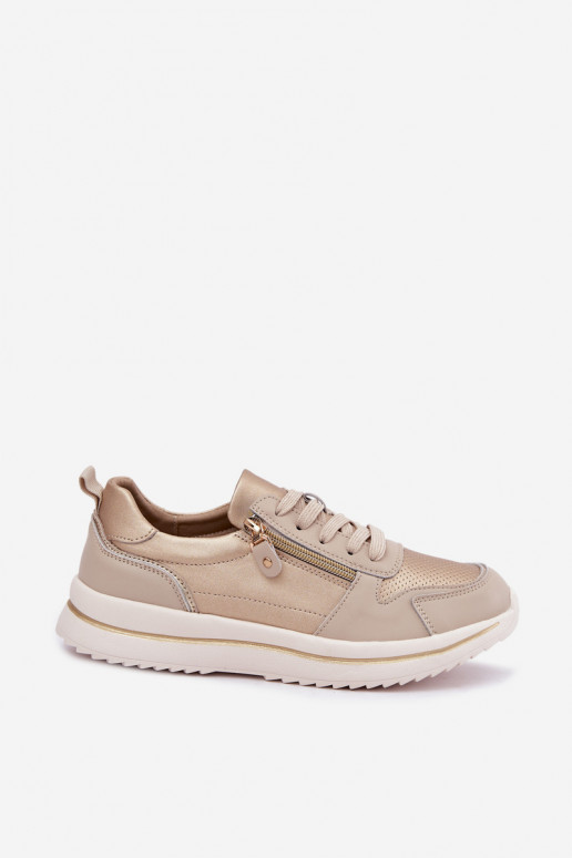 Baskets en cuir avec fermeture éclair décorative couleur or-beige Oselia