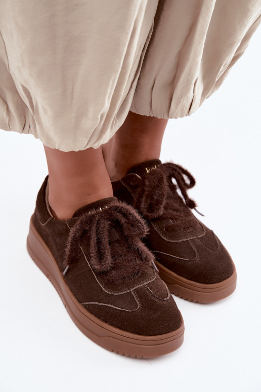 Faux suede sneakers met bont en veters Kobbo 79655 chocolade