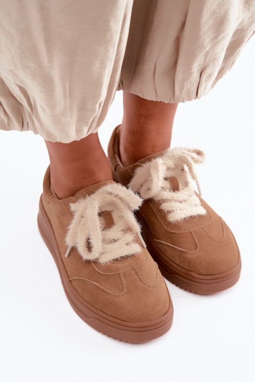Faux suede sneakers met bont en veters Kobbo 79655 bruin