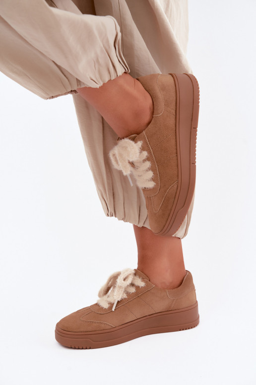 Faux suede sneakers met bont en veters Kobbo 79655 bruin