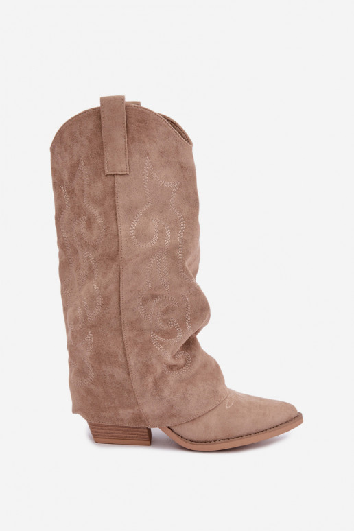 Bottes hautes style cowboy froissées avec talons et tige cousue sable Ives