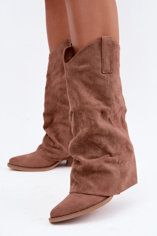 Bottes hautes style cowboy froissées avec talons et tige cousue marron Ives