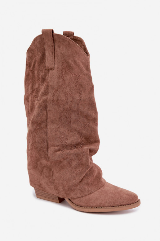 Gekreukelde cowboy-stijl lange laarzen met hakken en gestikte schacht bruin Ives