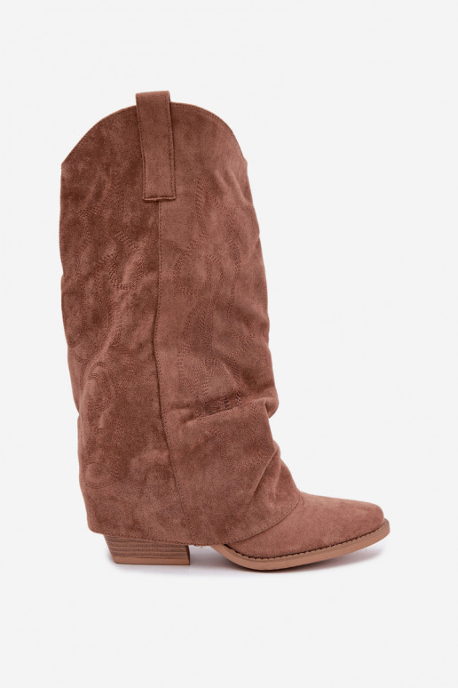 Falten cowboy-stil kniehohe Stiefel mit Absätzen und genähtem Schaft braun Ives