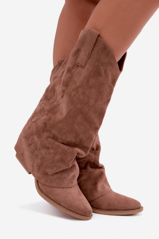 Bottes hautes style cowboy froissées avec talons et tige cousue marron Ives
