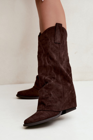 Gekreukelde cowboy-stijl lange laarzen met hakken en gestikte schacht chocolade Ives 2