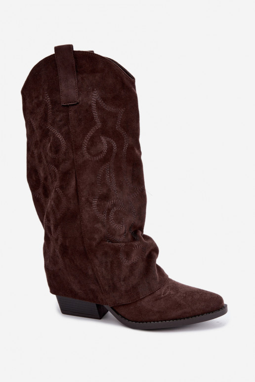 Gekreukelde cowboy-stijl lange laarzen met hakken en gestikte schacht chocolade Ives